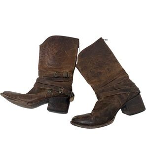 FREEBIRD | Distressed Biker Boots Brown Western Cowboy Heeled Pikes Leather